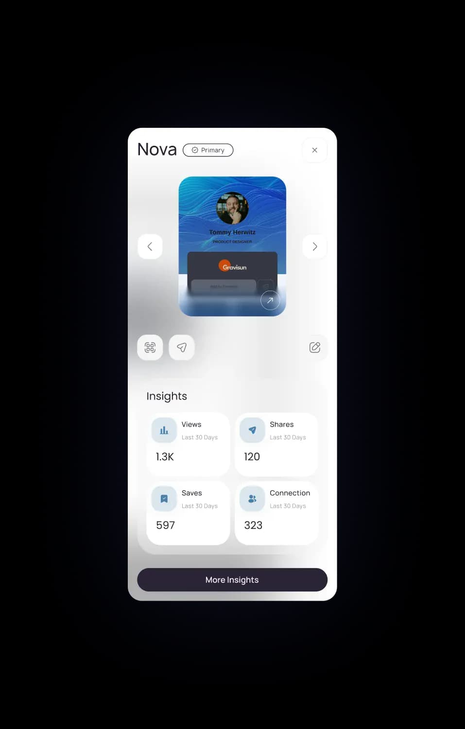 Digital business card detail sidebar with contact information