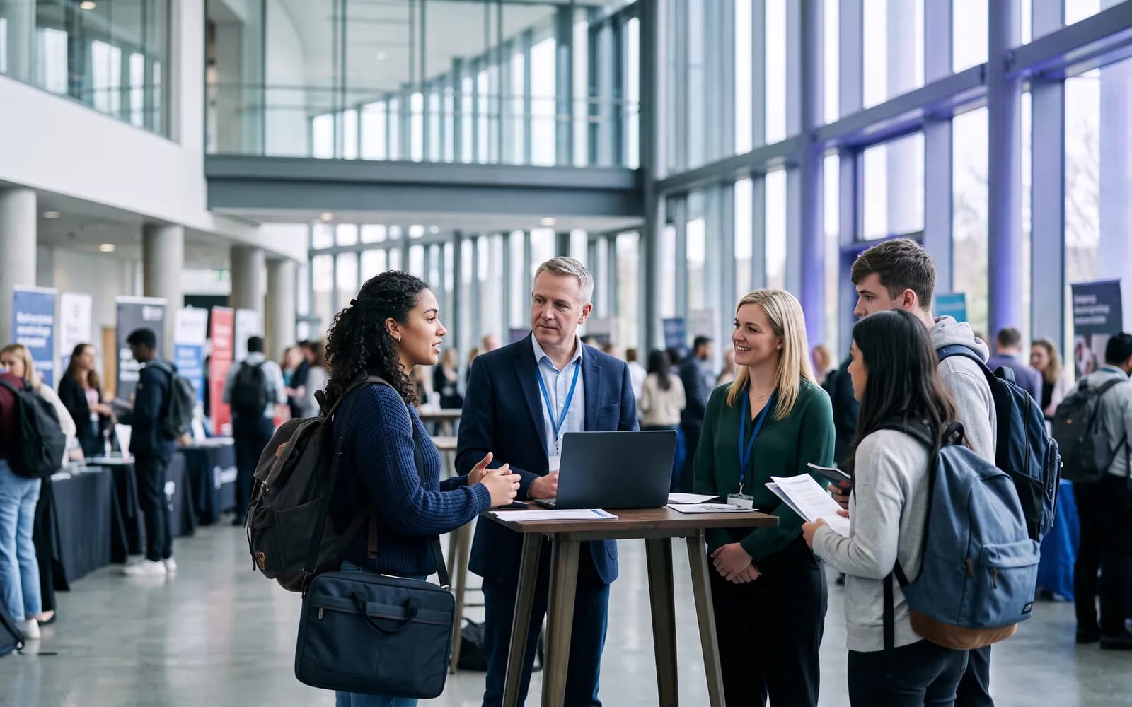 Students meeting recruiters at a university career fair on campus