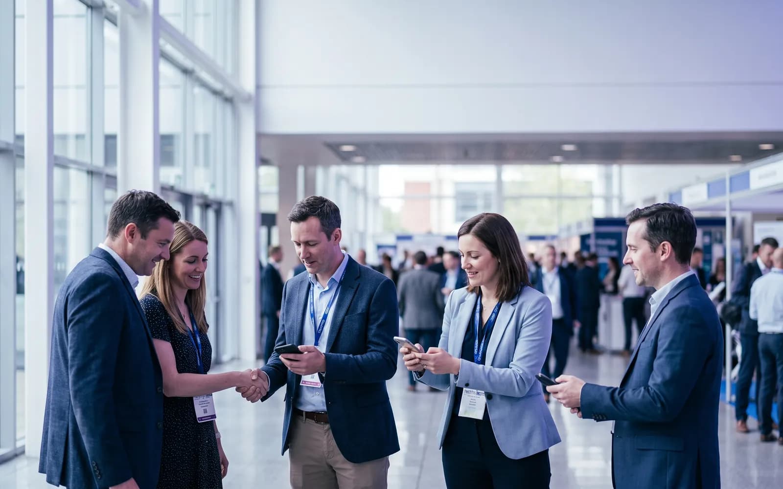 Attendees exchanging contact details on their phones at a busy conference floor