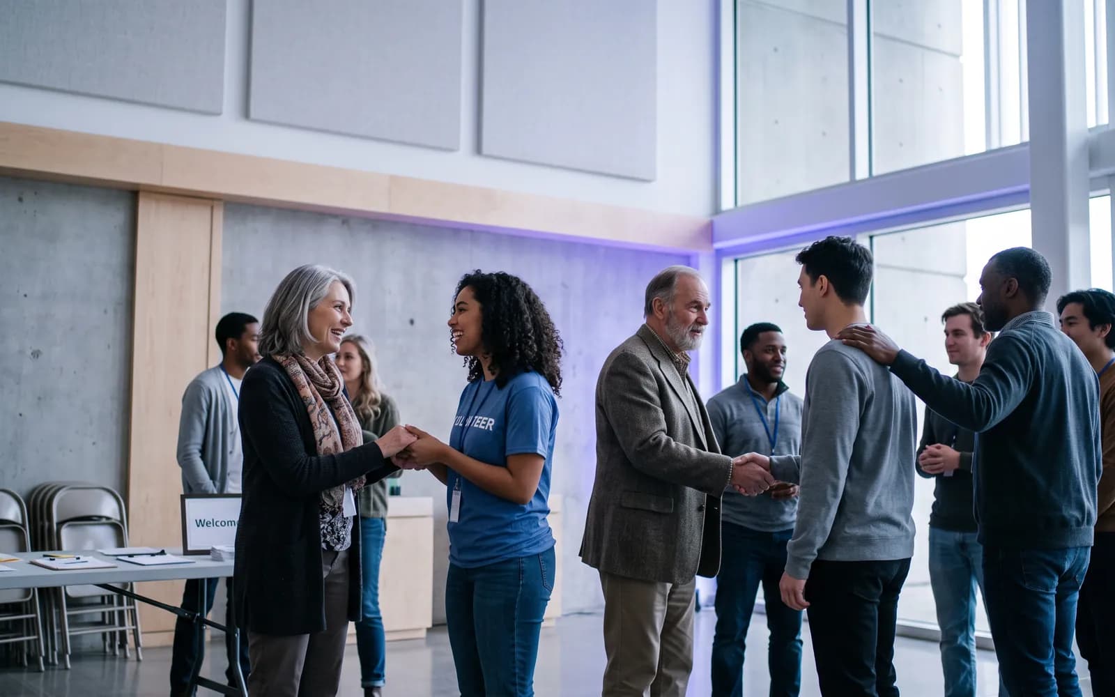 Volunteers and members greeting each other at a community organization event